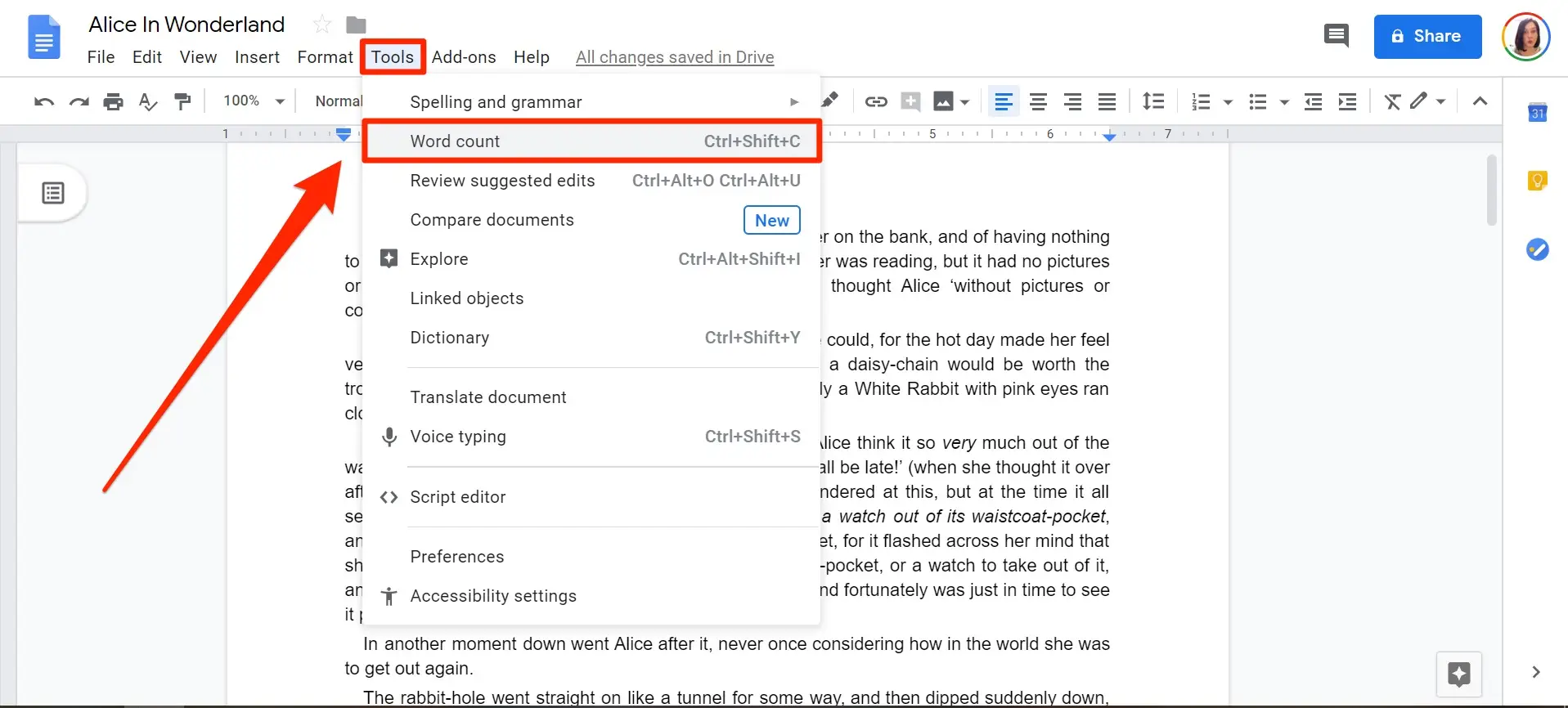 How to check word count on google docs